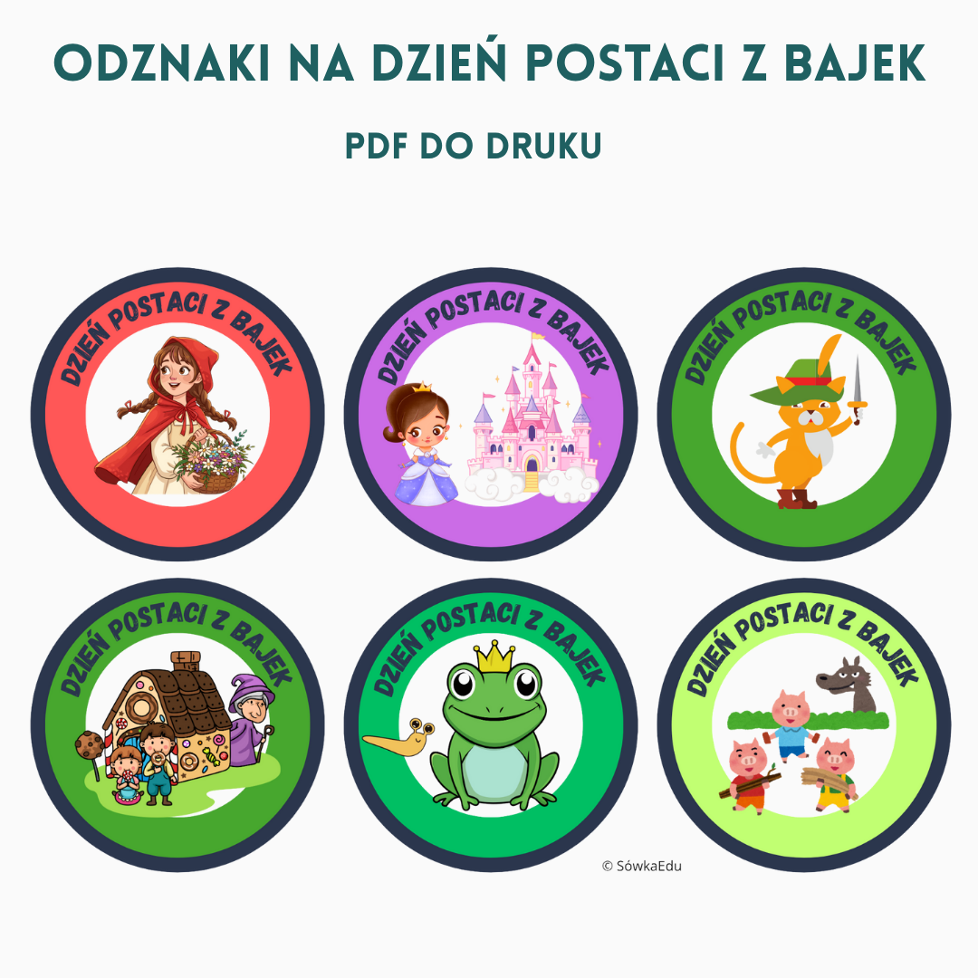 Odznaki na Dzień Postaci z Bajek do druku – dla przedszkola